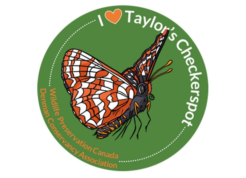 A sticker of A Taylor's Checkerspot Butterfly with a green background.