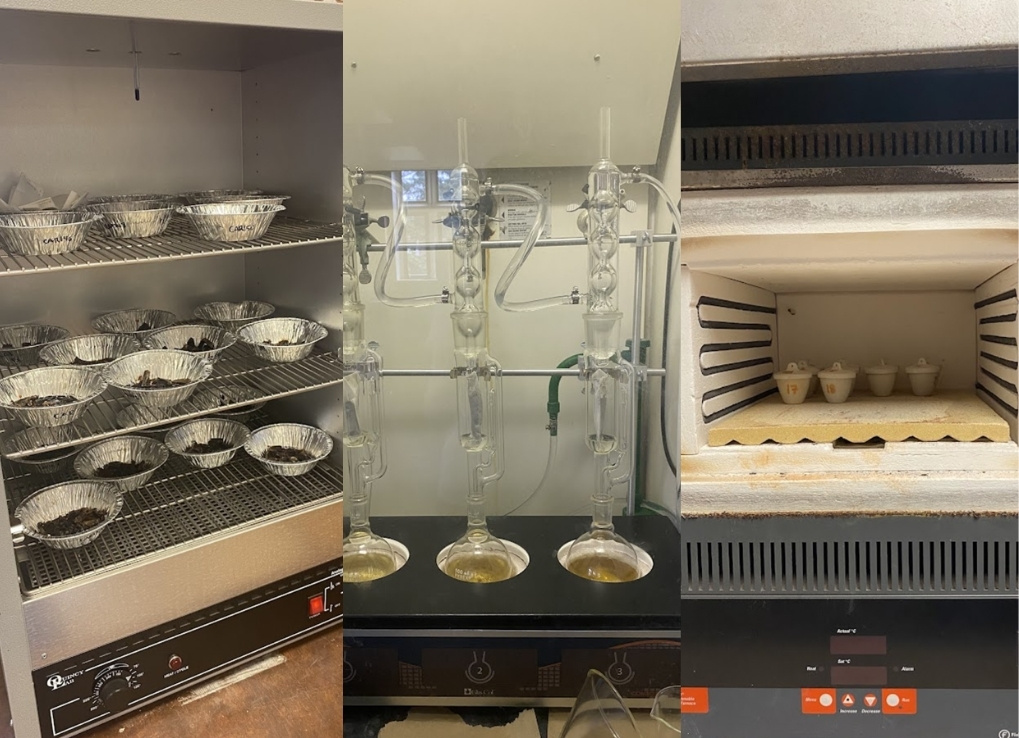 Three images with the left showing tin trays in a standing oven, the middle shows glass apparatus' with yellow liquid in the bottom, and another oven with ceramic urns inside on the right.
